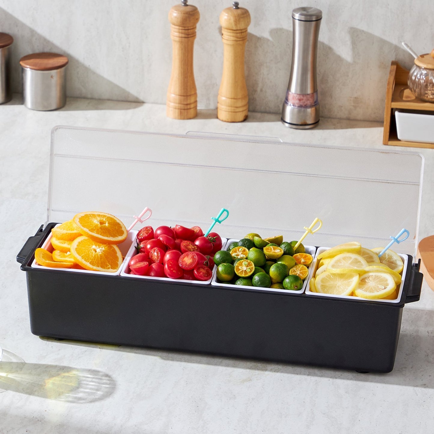 Chilled Condiment Server 4 Compartment Cold Serving Tray With Lid