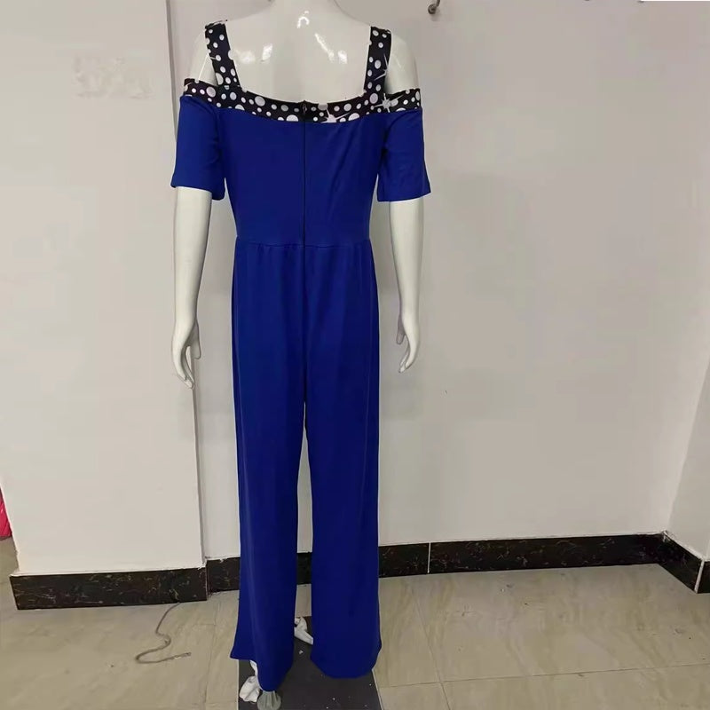 Plus Size Women's Solid Color V-Neck Jumpsuit With Rhinestone Detail - Wide Leg Romper For Spring&Summer