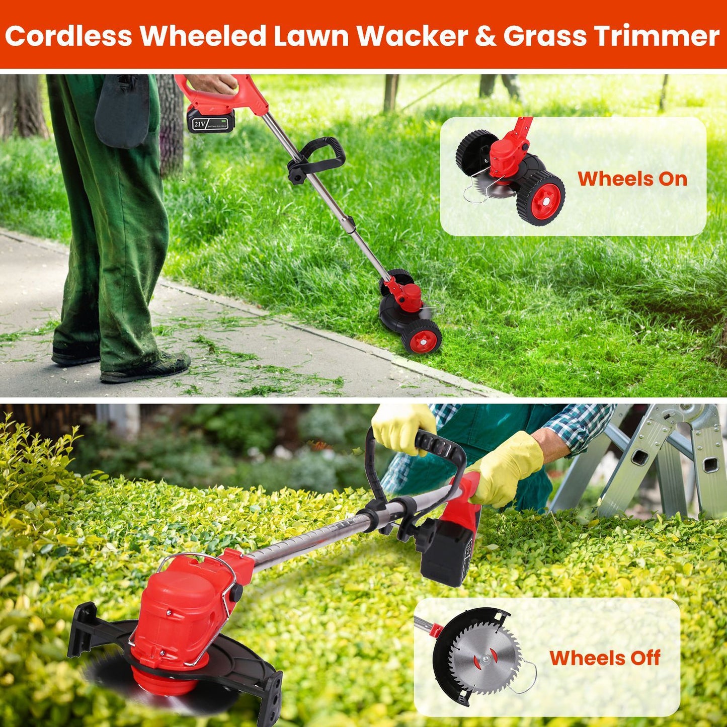 1Pc 3 In 1 Electric Cordless Grass Wacker Battery Powered Grass Trimmer With Wheels