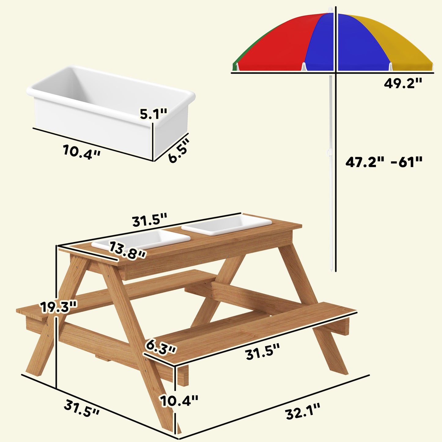 Wooden Outdoor Kids Picnic Table With Removable Umbrella