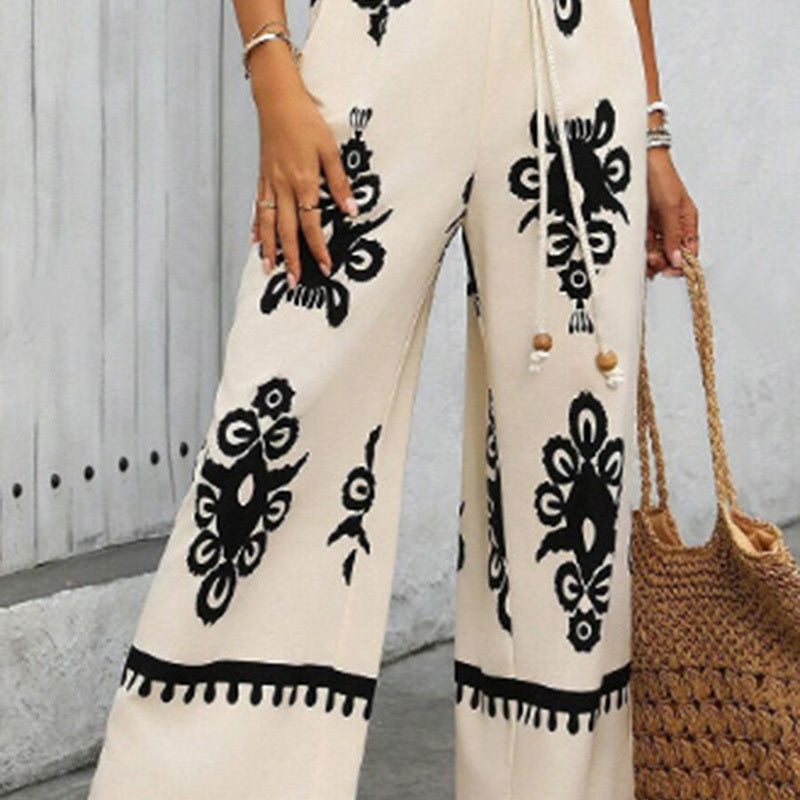 Women's Summer Boho Jumpsuits One Piece Beach Vacation Outfits Shirred Strap Wide Leg Pants Rompers With Pockets