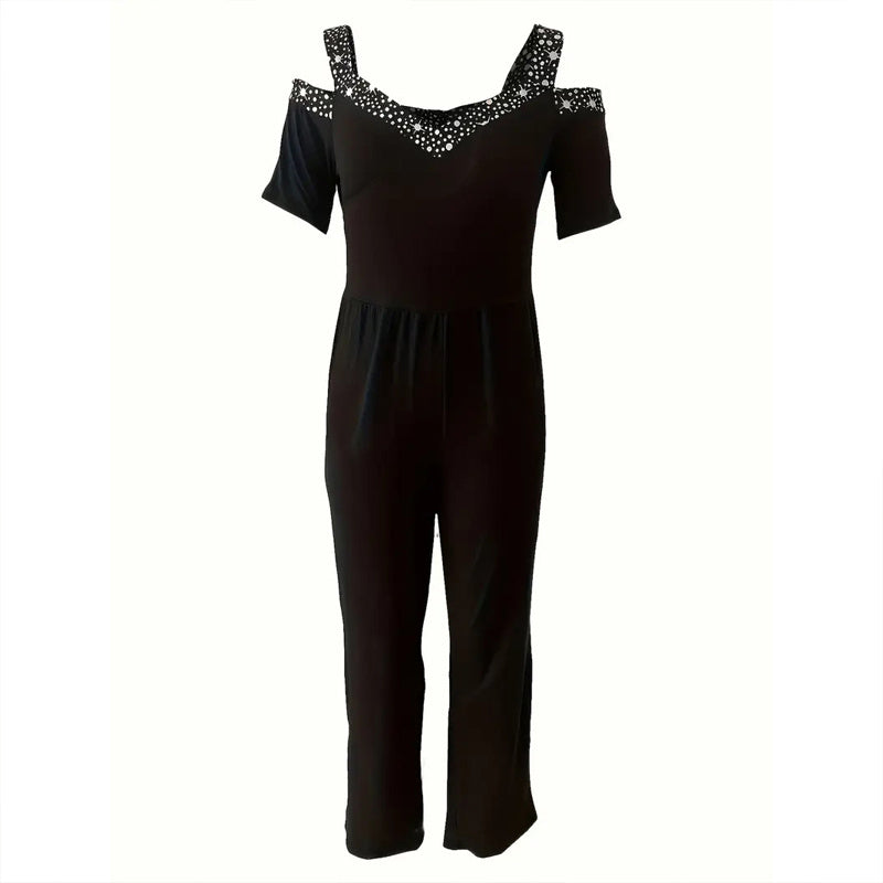 Plus Size Women's Solid Color V-Neck Jumpsuit With Rhinestone Detail - Wide Leg Romper For Spring&Summer