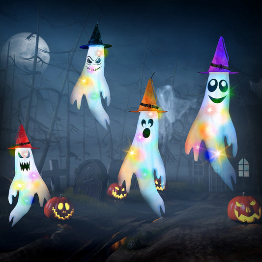 4Pcs Per Set Halloween Ghosts With Witch Hats Windsocks Hanging Decoration With Colorful LED Light Outdoor Flag Wind Socks Halloween Party Decoration For Yard Garden Tree