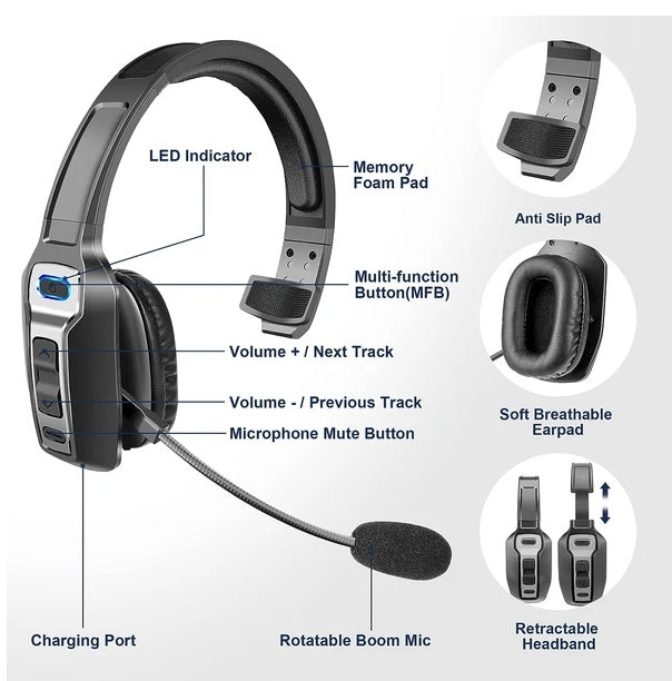 Bluetooth Wireless Headset With Noise Cancelling Mic