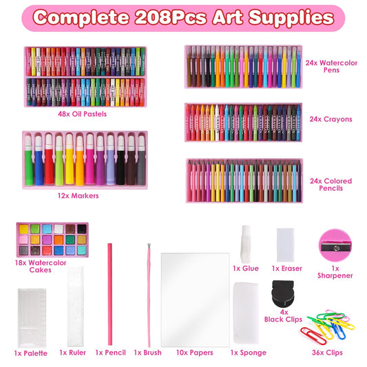 208Pcs Drawing Art Kit Art Supplies For 3 To 12Years Old Girls Boys Art Storage Box \Gift For Kids