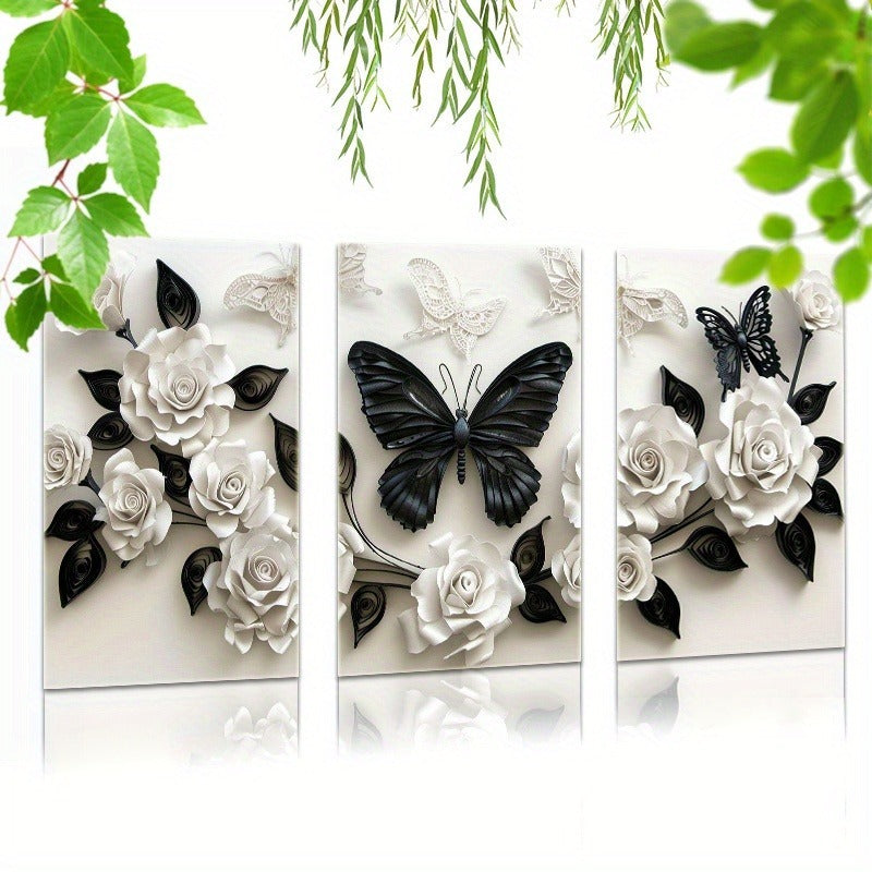 3 Pieces Set Of Framed Wall Art Canvas Prints Featuring A Black Butterfly And White Roses - Perfect For Home, Office, Living Room, Or Bedroom--Selling On Temu Is Prohibited