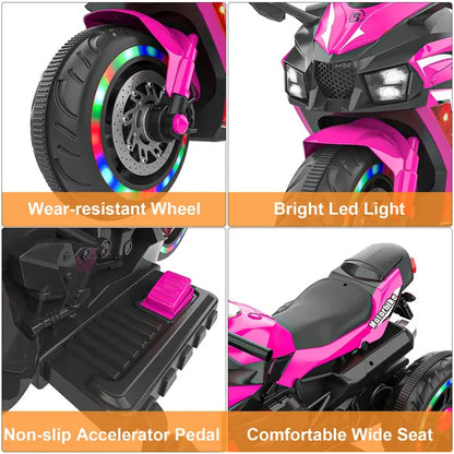 Kids Motorcycle For 3-6 Years 12V Electric Ride On With Light Wheel & Bluetooth