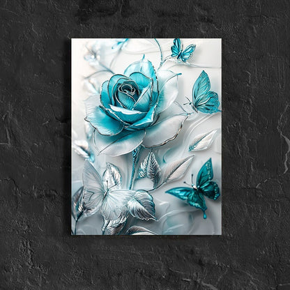 Turquoise Blue Crystal Rose & Teal Butterflies Canvas Wall Art With Wooden Frame