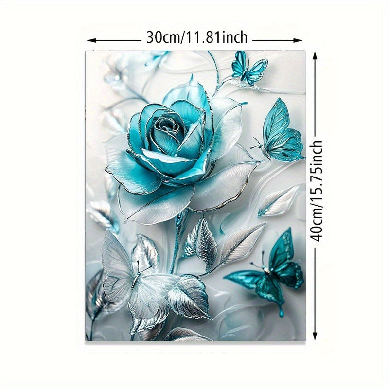 Elegant Turquoise Blue Crystal Rose & Teal Butterflies Canvas Wall Art With Wooden Frame - Classic Decorative Poster For Living Room, Bedroom, Home Office--Selling On Temu Is Prohibited